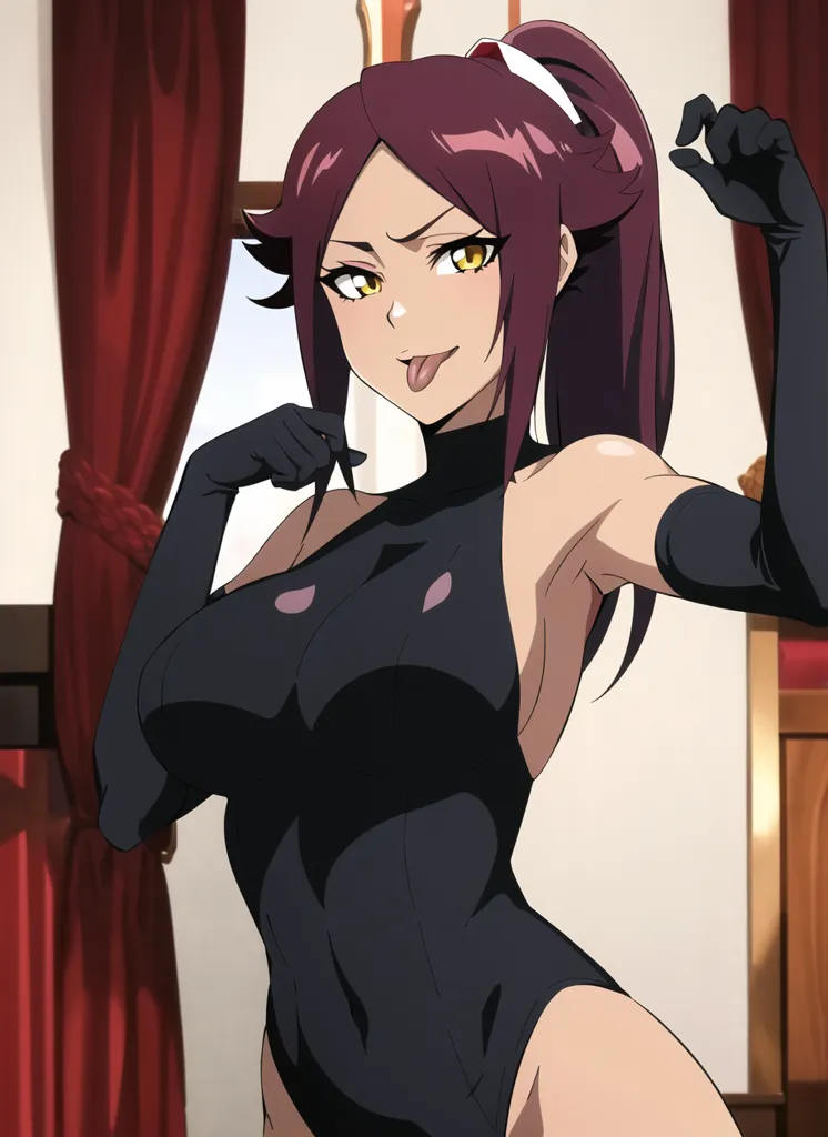 The image is of a young woman in a black bodysuit. She has long brown hair, yellow eyes, and a curvy figure. She is standing in front of a red curtain, and she has a playful expression on her face. She is also wearing black gloves.