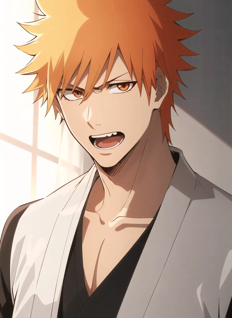 The image contains a young man with orange hair and orange eyes. He is wearing a white kimono with a black sash. He has a determined expression on his face and appears to be ready for a fight. The background is a blur of light and dark colors.