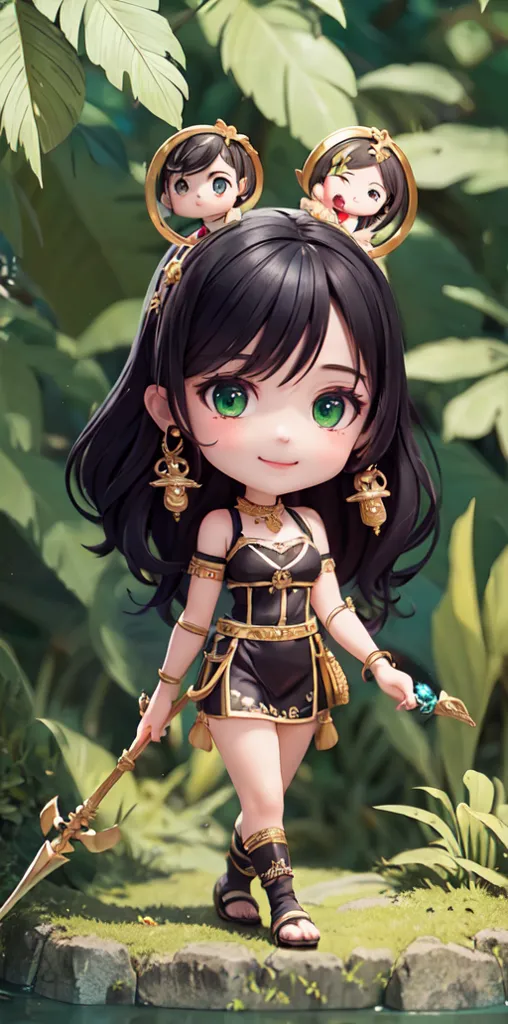 Esta imagen muestra a una chica estilo anime chibi con cabello negro largo y ojos verdes. Lleva un atuendo negro y dorado con una falda y una lanza en la mano. Tiene dos pequeños personajes chibi en la cabeza, uno con cabello marrón y otro con cabello rosa. La chica está de pie en un frondoso bosque verde con grandes hojas y plantas a su alrededor.