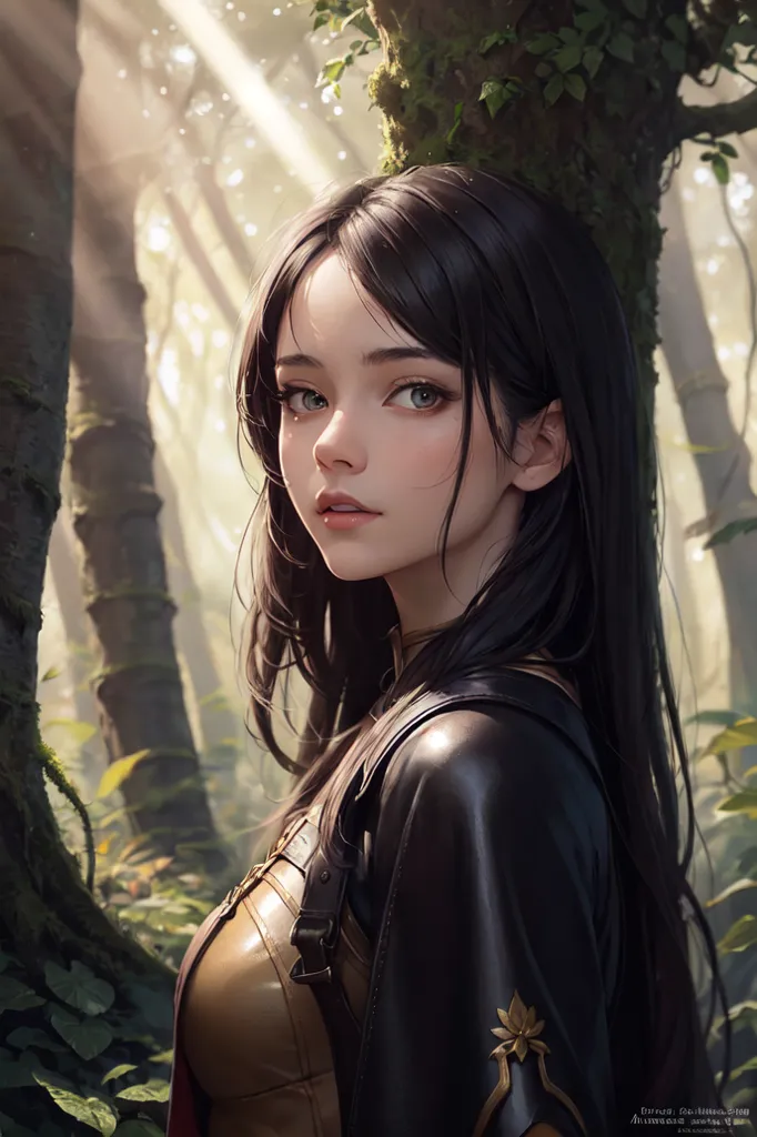 The image shows a young woman with long black hair and green eyes. She is wearing a brown leather jacket and a golden top. She is standing in a forest, and there is a tree behind her. The sun is shining through the trees, and it is creating a dappled pattern on the ground. The woman is looking at the viewer with a serious expression on her face.