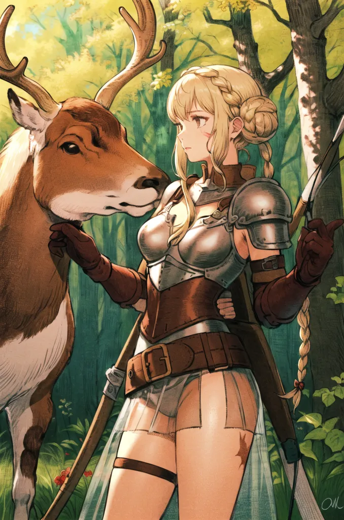 L'image représente une femme blonde portant une cuirasse argentée et une jupe brune dans les bois. Elle a un arc et une flèche et parle à un cerf. L'arrière-plan est une forêt avec des arbres verts et des feuilles brunes.