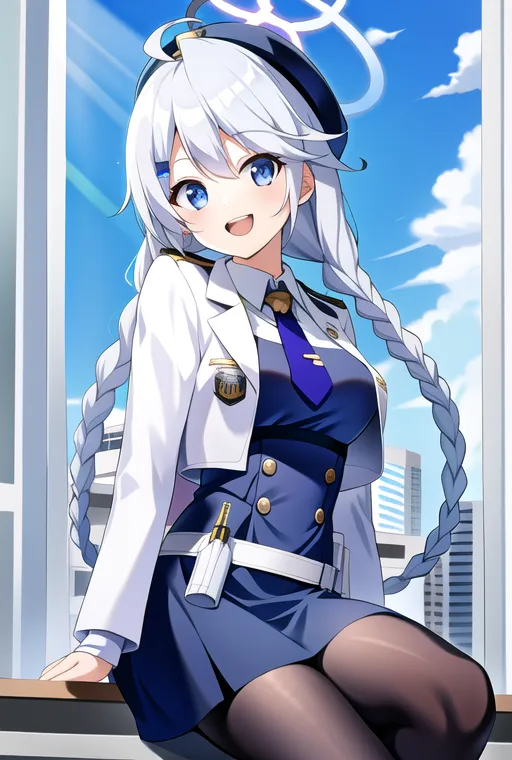 The image depicts an anime-style girl with long white hair and blue eyes. She is wearing a white and blue police uniform with a skirt and a hat. She is sitting on a windowsill in front of a cityscape with a bright blue sky. She has a halo above her head and she is smiling.