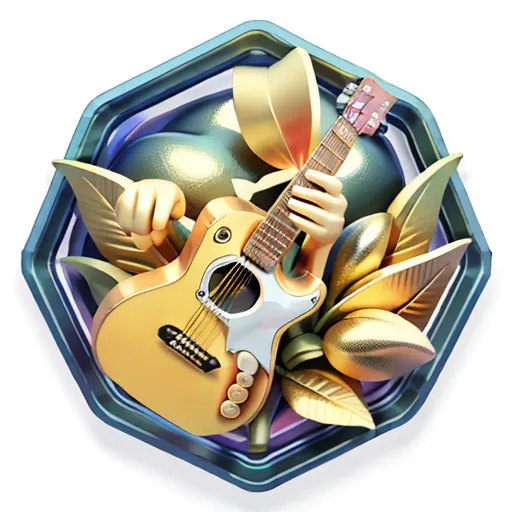 A imagem é uma renderização 3D de uma guitarra. A guitarra é amarela e tem uma escudo de proteção dourado brilhante. A guitarra está sendo tocada por uma mão, que também é dourada. A mão está rodeada por folhas verdes. O fundo é de cor azul-esverdeado. A imagem está enquadrada em uma moldura azul.