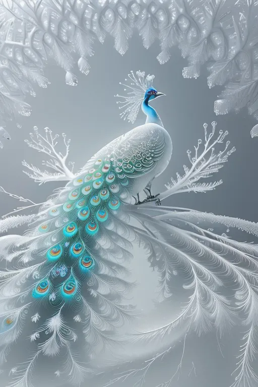 The image is a depiction of a peacock done in a white and blue color scheme. The peacock is perched on a branch and has its tail feathers spread out in a fan-like shape. The background is white and the peacock's feathers are a light blue color, with some of the feathers having a green or yellow tinge. The peacock's head and neck are a darker blue color, and its beak is yellow. The image has a soft, ethereal feel to it, and the peacock appears to be in a state of tranquility.