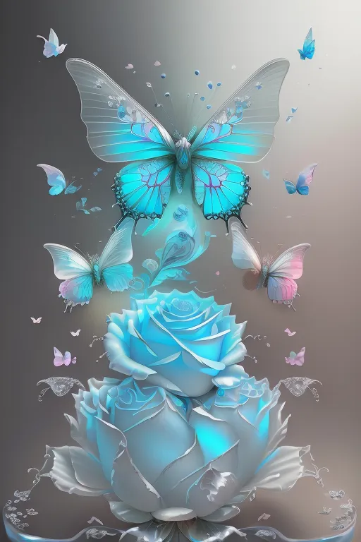 The image is a beautiful depiction of a white rose with blue and purple butterflies. The rose is in full bloom, with its petals open and delicate. The butterflies are fluttering around the rose, adding to the beauty of the scene. The colors are soft and muted, creating a sense of peace and tranquility. The image is a perfect representation of the beauty of nature.