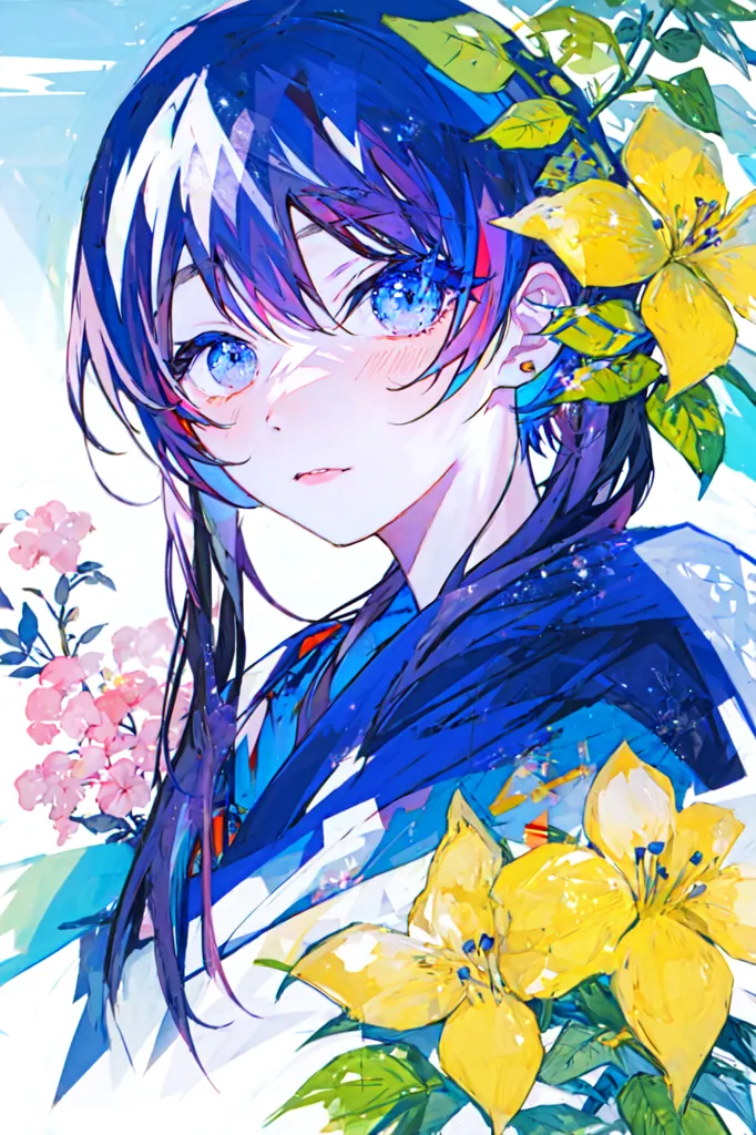 The image is a painting of a young woman with long blue hair and blue eyes. She is wearing a white kimono with a blue obi. The woman is standing in a field of yellow flowers. There are also some pink flowers in the background. The image has a soft, dreamy look to it.