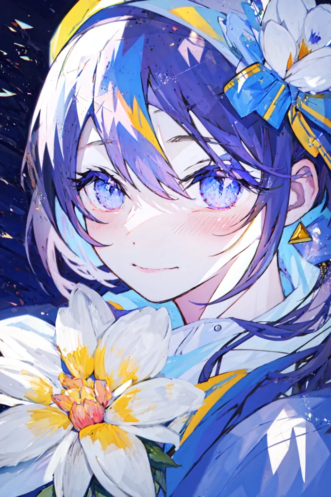 The image is a portrait of a young woman with blue eyes and long purple and white hair wearing a yellow headband with a blue flower. She is wearing a white shirt and has a gentle smile on her face. The background is dark blue with a starry night sky. She is holding a white flower in her right hand.