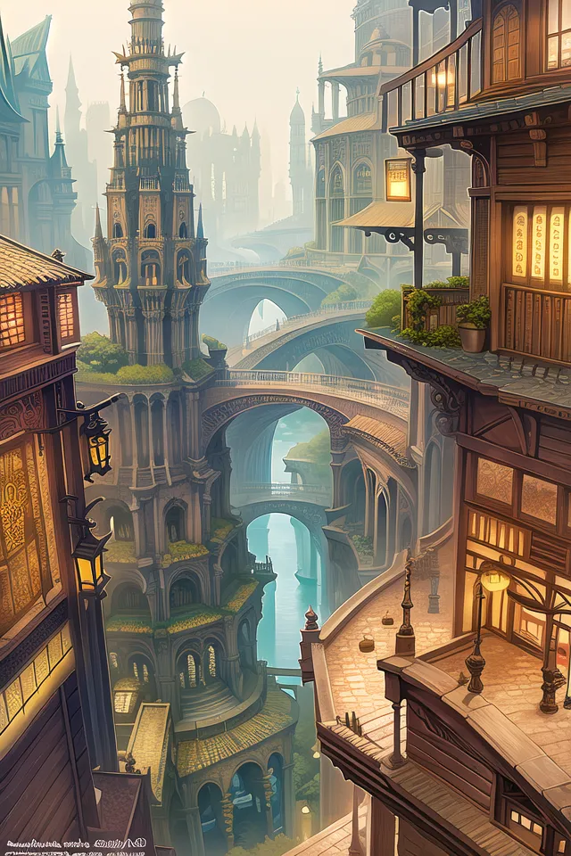 The image is a painting of a fantasy city. The city is built on a series of canals and bridges, and there are tall buildings and towers everywhere. The buildings are made of a variety of materials, including wood, stone, and brick. There are many people walking around the city, and there are shops and stalls everywhere. The city is very lively and bustling.