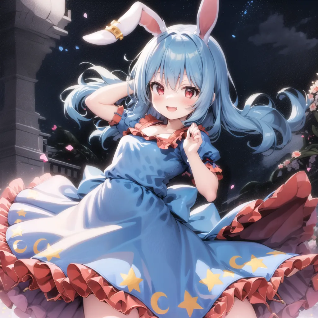 The image is of an anime girl with long blue hair and red eyes. She is wearing a blue and red dress with a white collar and a white bow in her hair. She has rabbit ears and a tail. She is standing in a garden with a starry night sky.