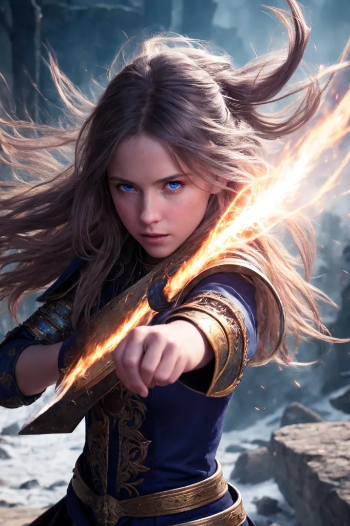 This image shows a young woman, probably in her late teens, dressed in a blue and gold colored outfit that looks like armor. She has long blonde hair that is blowing in the wind, and her blue eyes are wide and alert. She is holding a sword in her right hand, and it is on fire. She is standing in a rocky, mountainous area, and there are large rocks and boulders behind her.