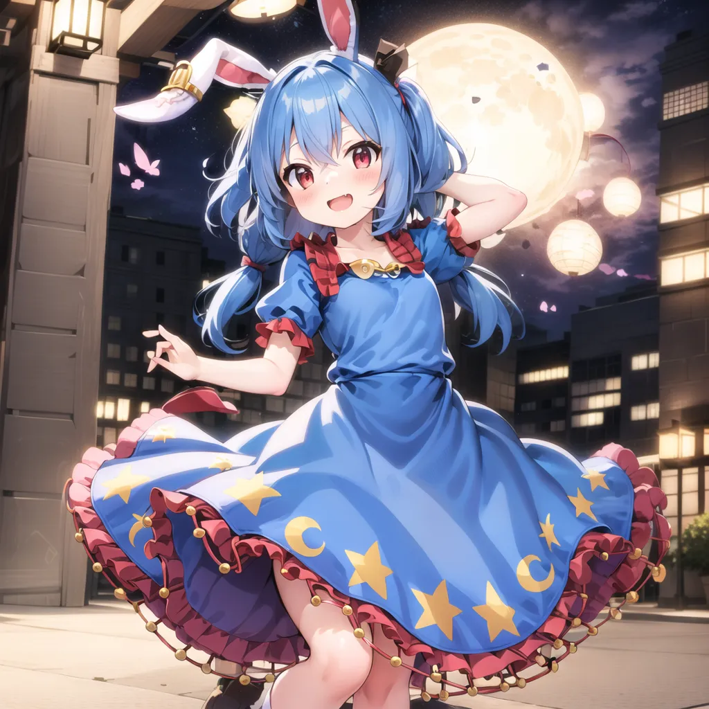 The image is an anime-style illustration of a young girl with long blue hair and red eyes. She is wearing a blue and white dress with a red ribbon in her hair and bunny ears. She is standing in a city street with a full moon in the background. The girl is smiling and has her arms outstretched.