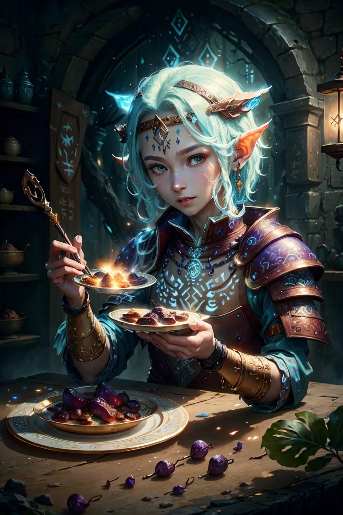 The picture shows a beautiful elf woman with long, wavy white hair and blue eyes. She is wearing a blue and brown tunic and a silver breastplate. She is sitting at a table, eating a plate of food. There is another plate of food on the table, as well as a lantern. The elf woman is holding a fork in her right hand and a plate in her left hand. She is looking at the plate in her left hand.