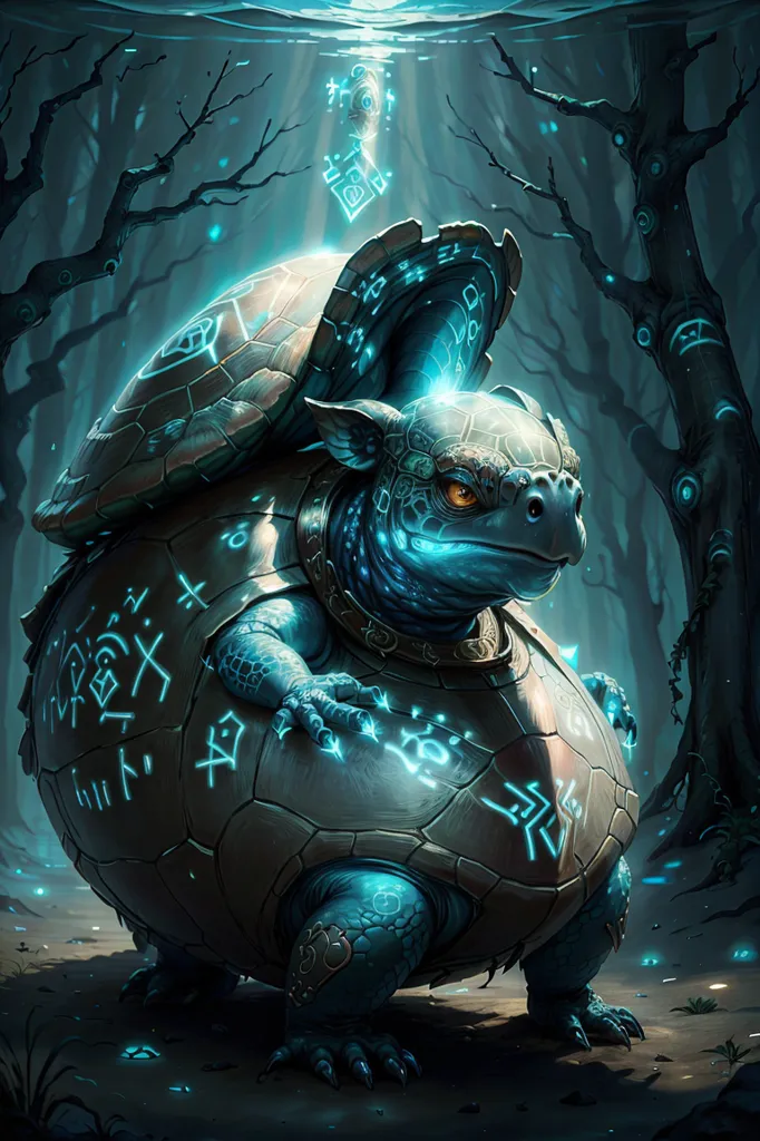 The image is a digital painting of a fantasy creature. It is a large, green turtle with a domed shell. The shell is covered in glowing blue symbols. The turtle is standing in a dark forest, surrounded by tall trees. The trees are bare, and their branches are twisted and gnarled. The ground is covered in moss and leaves. There is a bright light shining down from the top of the image. The light is illuminating the turtle and the trees. The image is very detailed, and the artist has used a variety of colors and techniques to create a realistic and immersive scene.