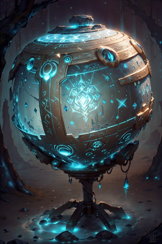 The image is a depiction of a magical artifact. It is a large, spherical object, with a glowing blue crystal in the center. The sphere is mounted on a tripod, and there are several arcane symbols etched into its surface. The artifact is likely to be some kind of magical device, and it is likely to be very powerful.