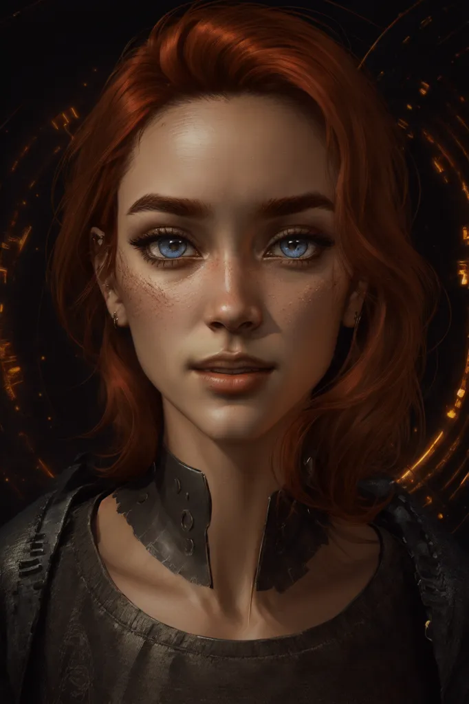 The image is a portrait of a young woman with red hair and blue eyes. She is wearing a dark-colored shirt with a metal collar. The background is dark with a glowing, golden circle around her head. The woman's expression is serious and intense.