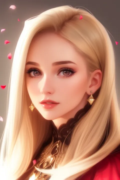 A imagem é uma pintura digital de uma jovem mulher com cabelos loiros longos e ondulados. Ela tem pele clara e olhos castanhos, e está usando um vestido vermelho com um colarinho branco. Há pétalas de flores rosas caindo ao redor dela. O fundo é de uma cor rosa clara.