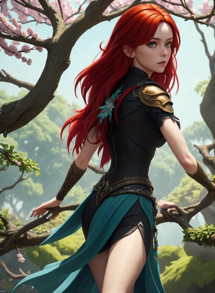 The image shows a redheaded woman in a black and blue outfit standing in a tree. The woman is wearing a black vest with gold trim and a blue skirt with a slit up the side. She is also wearing a pair of gold bracelets and a necklace. Her long red hair is flowing down her back and she has a serious expression on her face. The background of the image is a blurred forest with pink flowers in the trees.