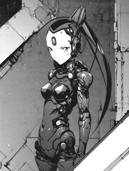 The image is a black and white illustration of a female character with long black hair and a ponytail. She is wearing a skin-tight bodysuit with a high collar and a large eye-shaped visor. The bodysuit is made of a material that looks like metal or ceramic, and it has a number of small, glowing lights on it. The character is standing in a dark, grungy room, and she is looking at the viewer with a serious expression.