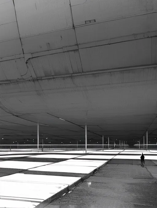 L'image est en noir et blanc. Elle montre un grand espace vide avec un plafond élevé. Le sol est fait de carreaux à damier et il n'y a pas de fenêtres ou de portes visibles. Une seule personne marche au loin. L'espace est éclairé par quelques lumières.