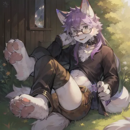 The image is of a furry character with purple hair and white paws. The character is wearing glasses, a black choker, and a purple and black outfit. They are sitting in a field of grass, leaning against a wooden fence. The character is looking at the viewer with a smile on their face.