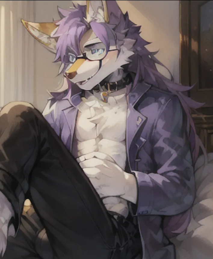 The image is of a purple-haired wolf furry wearing glasses, a purple jacket, and black pants. The furry is sitting on a bed with one leg crossed over the other and has a hand resting on their stomach. They have a collar with a chain on it around their neck and are looking at the viewer with a slight smile on their face. The background is a blurry light purple color.