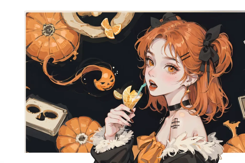 The picture shows a beautiful girl with orange hair and orange eyes. She is wearing a black dress with a white collar and a black bow in her hair. She is holding a glass of orange juice and there are pumpkins and books around her. The background is black with a few orange highlights. The girl is sitting on a stack of books. She has a tattoo on her right arm.