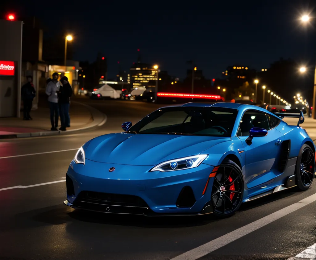 This is a blue sports car parked on an asphalt road at night. The car has a black spoiler and black rims. There are people in the background walking. There is a building with red lights in the background. Street lights line the road.