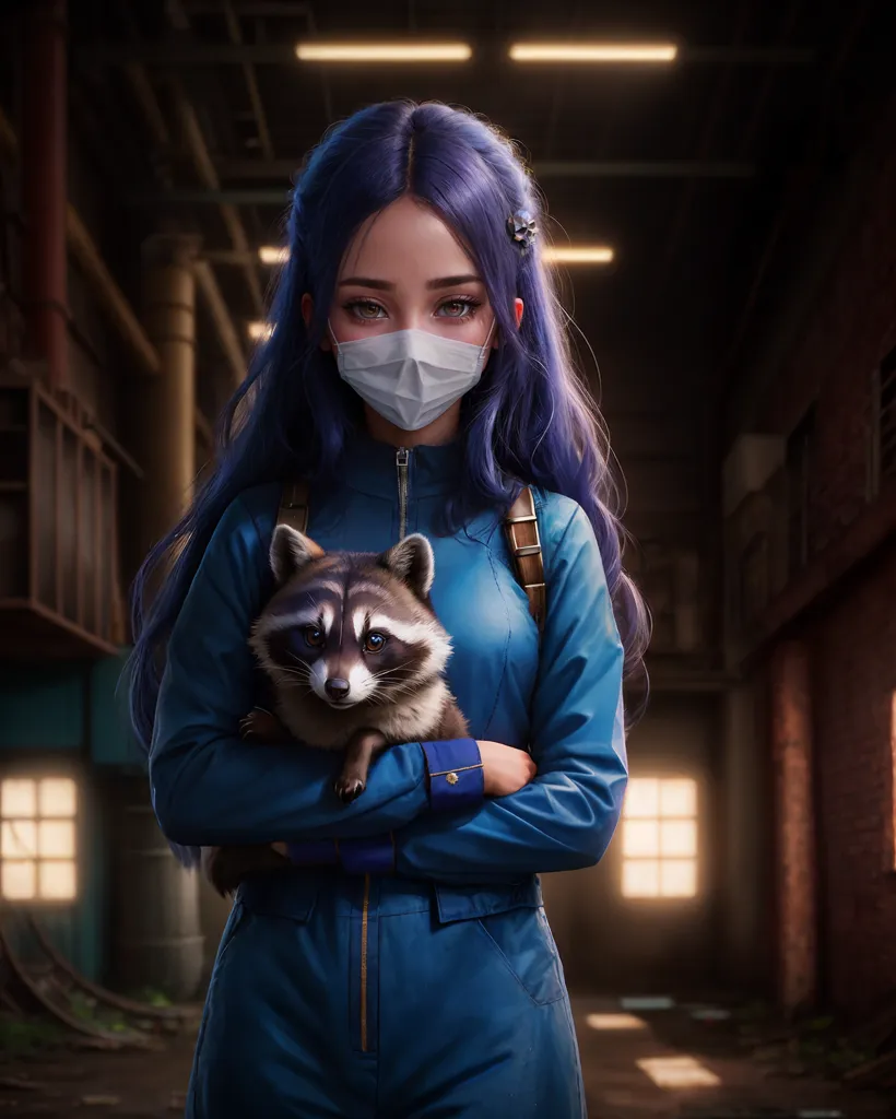 A young woman with long purple hair is wearing a white surgical mask. She is dressed in a blue jumpsuit and has a raccoon in her arms. The woman is standing in a dark room with pipes and wires in the background. There are two small windows on the right side of the image.