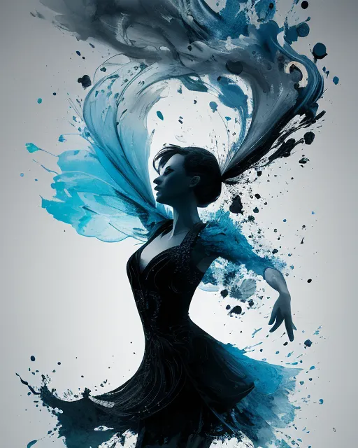 La imagen es una pintura de acuarela de una mujer bailando. La mujer lleva un vestido negro y tiene el cabello largo y negro. Está bailando con los brazos extendidos y su cabello se mueve detrás de ella. El fondo es blanco y hay salpicaduras de acuarela azules y negras alrededor de la mujer. La pintura es muy fluida y tiene una sensación de movimiento.