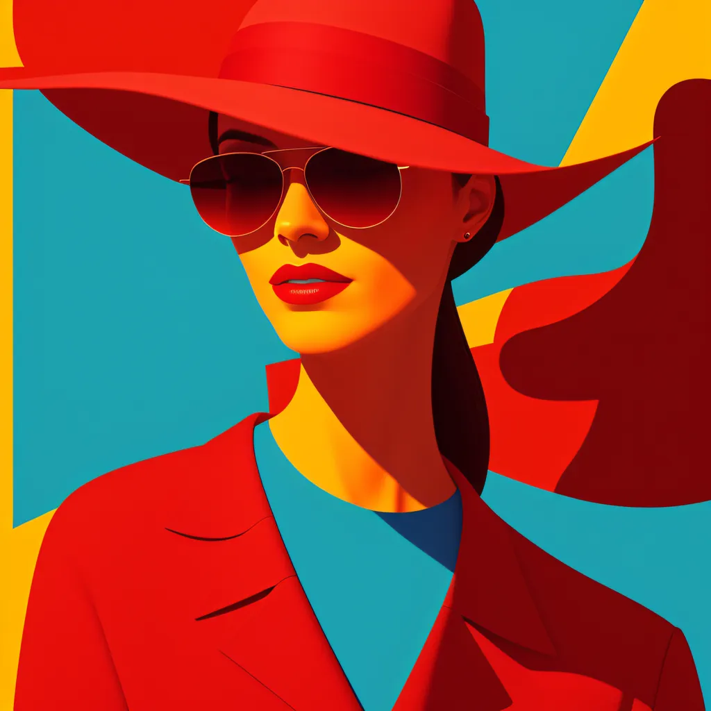 This is a painting of a woman wearing a red hat and sunglasses. She is wearing a blue shirt and a red jacket. The background is yellow, blue, and orange. The painting is in a cubism style.