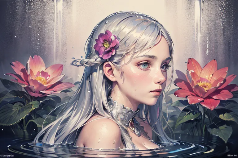 This image shows a young woman with long, flowing white hair and blue eyes. She is wearing a necklace made of silver and has a pink flower in her hair. She is standing in a body of water with her shoulders out of the water. There are pink and purple water lilies in the background. The background is out of focus and looks like it is a waterfall.