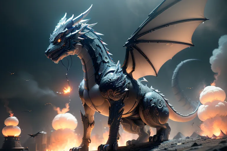 A silver-gray mechanical dragon with glowing yellow eyes is standing on a rooftop, its wings spread wide. The background is dark and there are explosions happening in the distance.