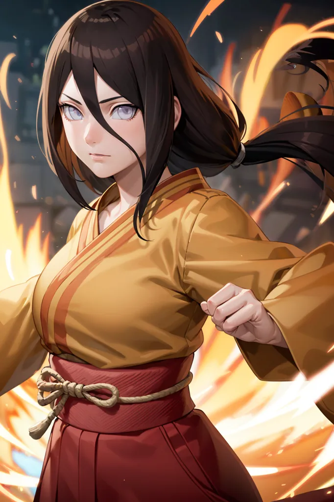 This is an image of a young woman with long brown hair and purple eyes. She is wearing a yellow and red kimono and has a determined expression on her face. She is standing in a fiery orange background.