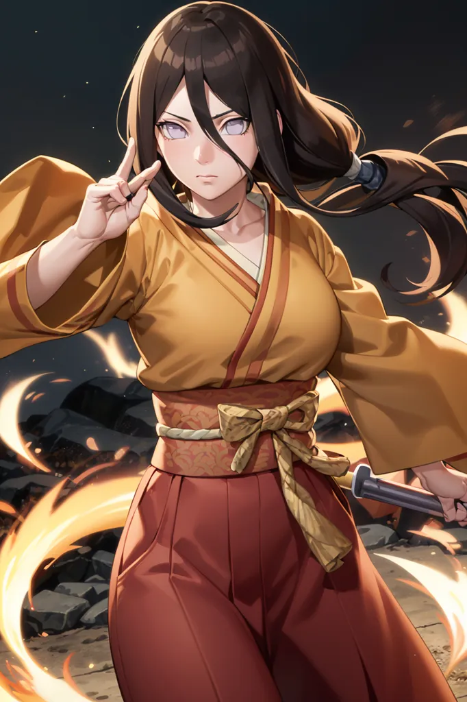 This is an image of a kunoichi from the anime series Naruto. She has long brown hair, dark eyes, and a fair complexion. She is wearing a yellow kimono with a red obi and a white haori. She is also wearing a black belt and a pair of sandals. She is standing in a fighting stance, with her right hand raised in the air and her left hand holding a sword. She is surrounded by flames.