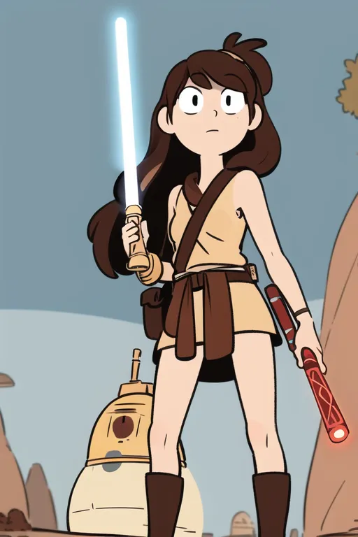 This is an image of a young girl with brown hair and brown eyes. She is wearing a tan tunic with a brown belt and brown boots. She is also wearing a light blue backpack. She is standing in a rocky desert landscape, with a blue sky in the background. She is holding a blue lightsaber in her right hand and a red lightsaber in her left hand. She has a surprised expression on her face. There is a small yellow robot next to her.