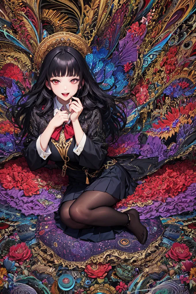 The image is a painting of a young woman with long black hair and red eyes. She is wearing a white blouse, a black jacket, and a black skirt. She is sitting on a purple and gold patterned carpet with one leg crossed over the other. The background is a colorful floral pattern with various shades of blue, purple, and red. The painting has a lot of detail and the colors are very vibrant.