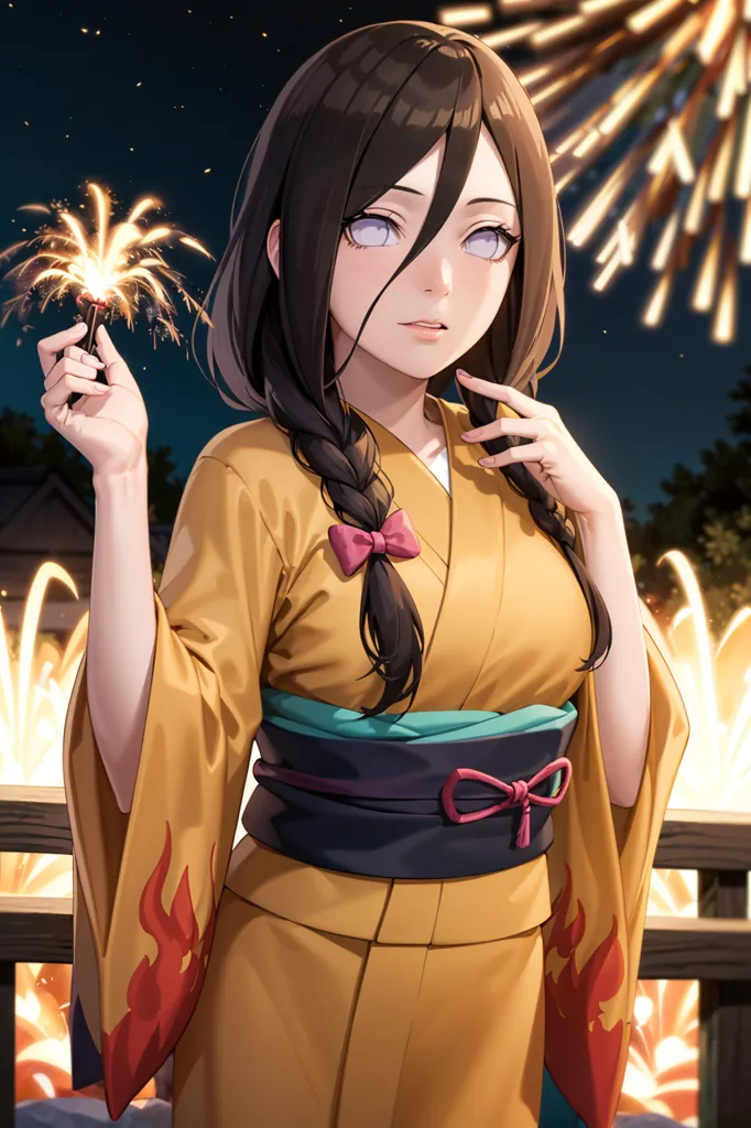 This image shows a young woman with long black hair and purple eyes wearing a yellow kimono with a red obi sash and a pink bow in her hair. She is holding a sparkler in her right hand and has her left hand on her chest. She is standing in front of a night sky with fireworks exploding in the background.