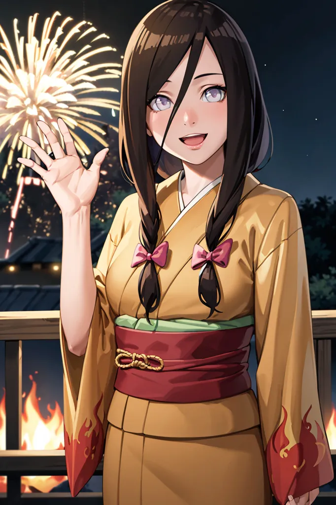 This image shows a young woman in a yellow kimono with a red obi. She has long dark hair tied in two braids with pink ribbons. She is standing in front of a railing, with a night sky and fireworks in the background. She has a happy expression on her face and is waving with one hand.