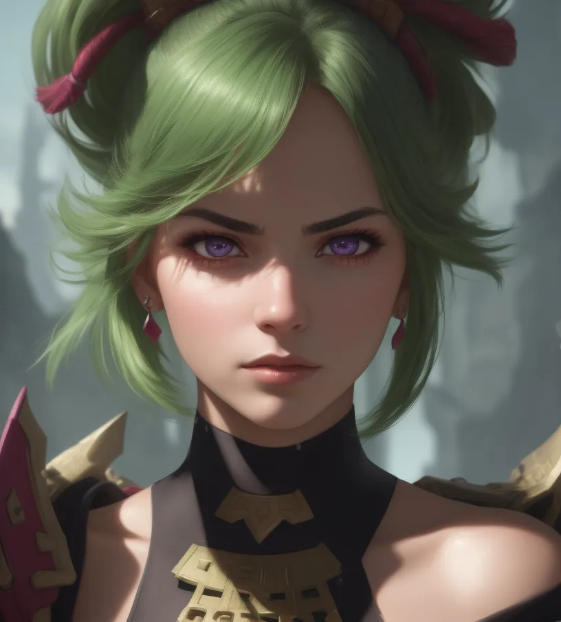 This is an image of a young woman with green hair and purple eyes. She is wearing a black and gold outfit. The image is a close-up of her face, and she is looking at the viewer with a serious expression.