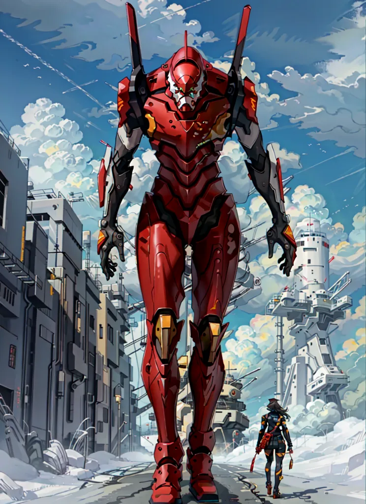 The image shows a giant red robot standing in the middle of a city. The robot is standing on a road that is lined with buildings. The buildings are tall and made of metal. The sky is blue and there are some clouds in the sky. There is a girl with red hair standing in front of the robot. The girl is wearing a black jacket and a red scarf.