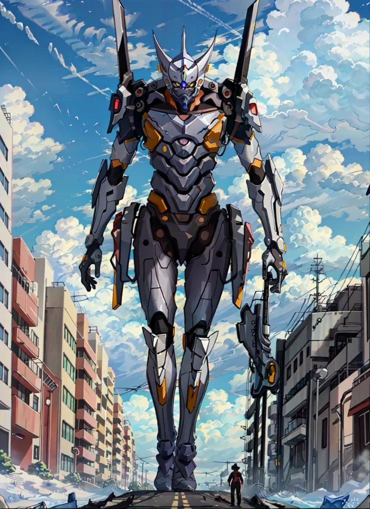 The image shows a giant robot standing in the middle of a city. The robot is mostly gray and orange, with a yellow head. It has a large gun in its right hand. The city is in ruins, with many buildings destroyed. There are no people visible in the image, except for a small figure standing in the foreground. The sky is blue and cloudy.