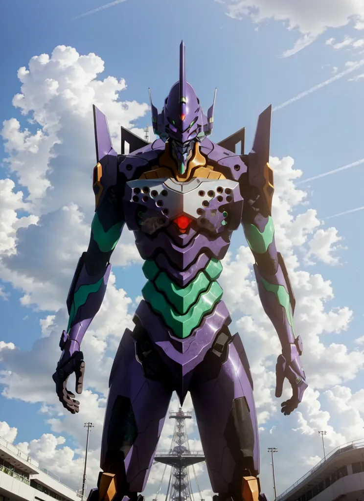 The image shows a giant purple and green robot standing in the middle of a city. The robot has a human-like body, but its head is more like a bird's. It is wearing a helmet with a visor, and its body is covered in armor. The robot is standing in a city, and there are buildings and other structures in the background. The sky is blue, and there are clouds in the distance.