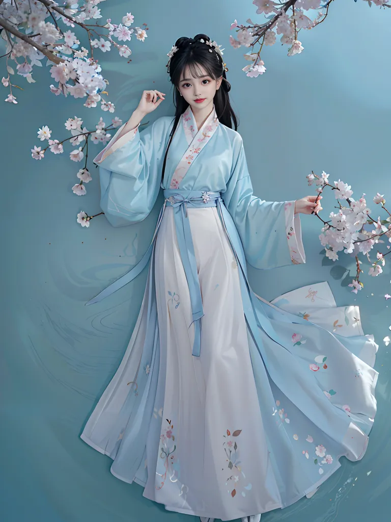 The image shows a young woman wearing a traditional Chinese dress called a Hanfu. The dress is blue and white with floral patterns. The woman has long black hair and is wearing a white headdress with pink flowers. She is standing in a forest of cherry blossoms. The background is a blue sky with white clouds. The overall effect of the image is one of beauty and elegance.