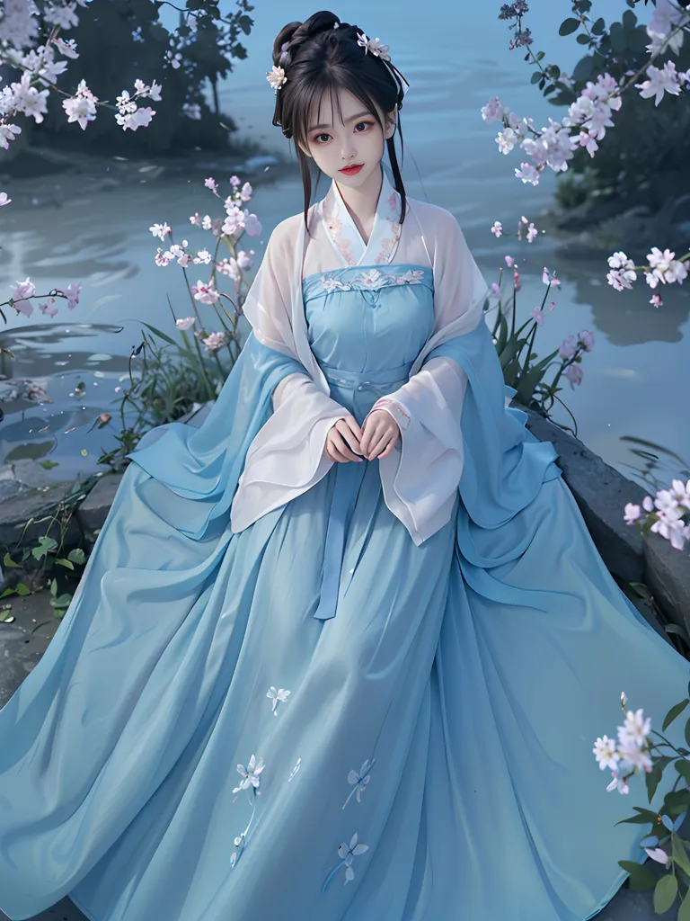 A imagem mostra uma jovem mulher vestindo um vestido tradicional chinês, ou Hanfu. O vestido é de cor azul claro com detalhes brancos e rosa, e tem uma saia longa e fluida. A mulher tem o cabelo preso em um coque e está usando maquiagem tradicional chinesa. Ela está em pé em um belo cenário ao ar livre, com um lago e árvores ao fundo. O efeito geral da imagem é de beleza e elegância.