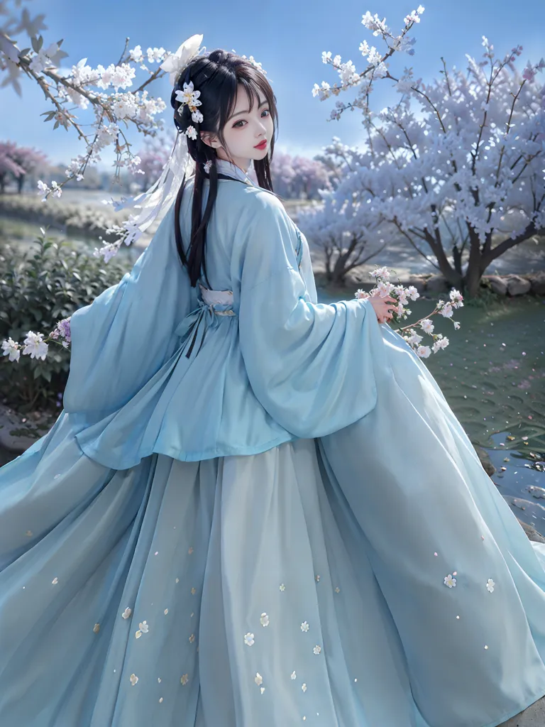 A imagem mostra uma jovem mulher vestindo um vestido tradicional chinês (Hanfu) com um fundo branco e padrões florais azuis. O vestido tem uma saia longa e mangas longas. A mulher tem cabelos pretos longos e está usando um grampo de cabelo com uma flor branca. Ela está em pé em um jardim com cerejeiras brancas em flor. Há um lago ao fundo.