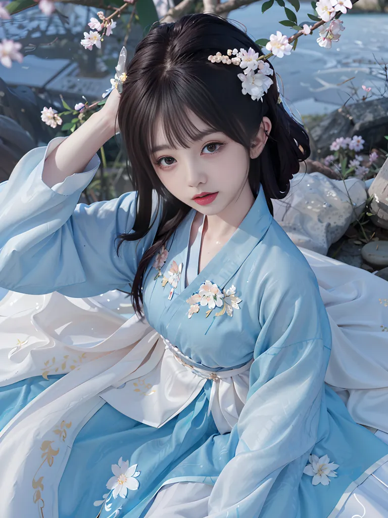 The image shows a young woman wearing a traditional Chinese dress (Hanfu) with white and blue colors. The dress has white and pink flower patterns. The woman has long black hair with white flowers in her hair. She is sitting on a rock near a river and there are also some white and pink flowers on the branches of the tree behind her.