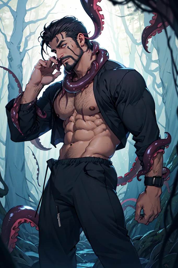 The image is of a man with dark hair and a beard. He is wearing a black jacket and black pants. He is muscular and has a six-pack. There are octopus tentacles wrapped around his neck and arms. He is standing in a forest and there are trees behind him.