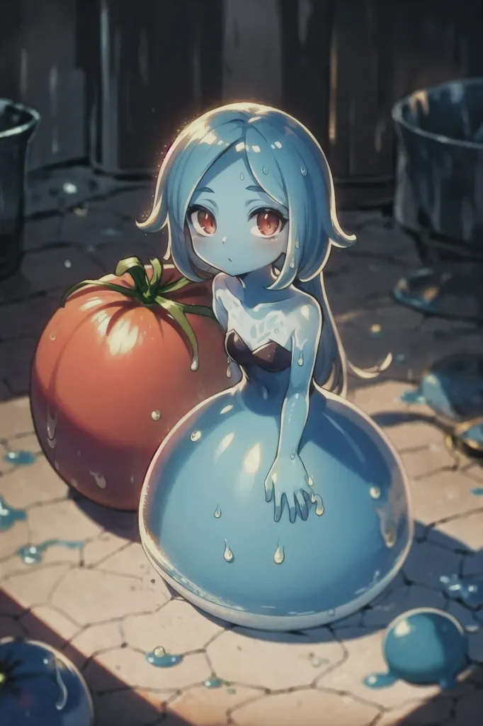 The image is a digital painting of a blue slime girl. She has long, silver hair and red eyes. She is wearing a black bikini top and a blue skirt. She is sitting on a wet floor with a large, red tomato next to her. There are also several smaller tomatoes scattered around her. The background is a dark, rainy day.