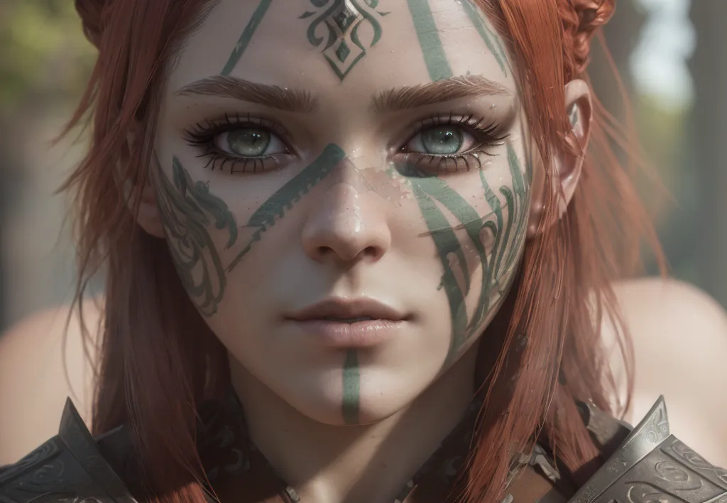 The image shows a young woman with red hair and green eyes. She has a few green tattoos on her face and is wearing a brown leather armor. She is looking at the viewer with a serious expression.