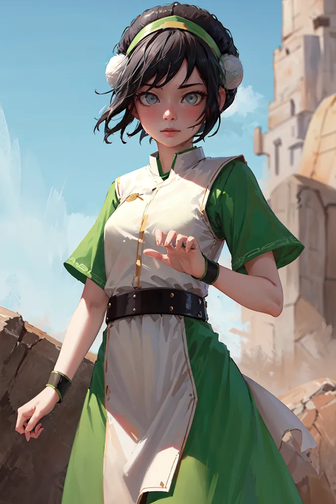 The image is of a young woman with dark hair and blue eyes. She is wearing a green and white outfit and has a yellow headband. She is standing in a fighting stance, with her left hand raised in a blocking position and her right hand extended forward. She has a determined expression on her face. The background is of a stone wall with a blue sky and white clouds.